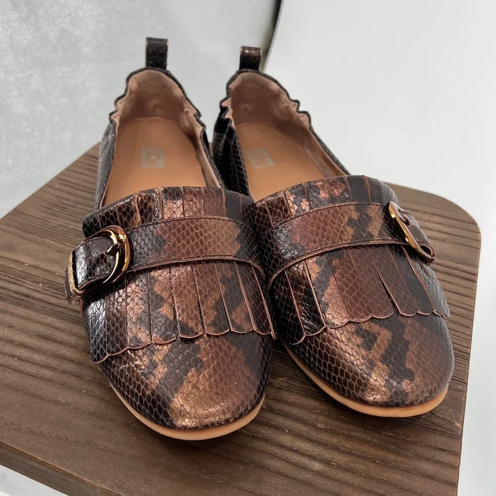 FitFlop Allegro Bronze Snakeskin Metallic Leather Buckle Kiltie Loafers Womens 9